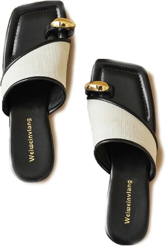 Women's Ring Toe Metal Flat Sandals Summer Slip-on Square Open Toe Non-Slip Beach Flats Slippers in Saudi Arabia