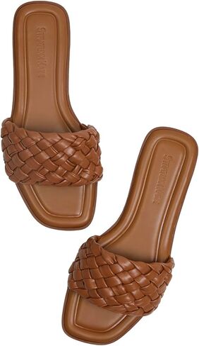 Stratuxx Kaze Women's Braided Strap Sandals Square Open Toe Slide Sandals Slip on Dressy Summer Beach Flats Size 5-11 in Saudi Arabia
