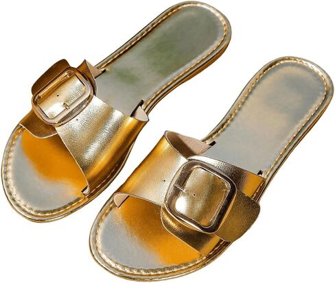 GORGLITTER Women's Metallic Buckle Flat Sandals Summer Leather Open Toe Single Band Slide Sandals in Saudi Arabia