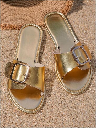 GORGLITTER Women's Metallic Buckle Flat Sandals Summer Leather Open Toe Single Band Slide Sandals in Saudi Arabia