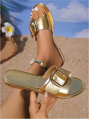 GORGLITTER Women's Metallic Buckle Flat Sandals Summer Leather Open Toe Single Band Slide Sandals in Saudi Arabia