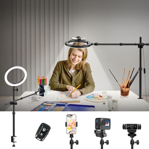 LUXSURE Ring Light للمكتب مع حامل وحامل هاتف، حامل كاميرا علوي LED مقاس 10 بوصات، حامل هاتف علوي مع ضوء، حامل ثلاثي iPhone مع ضوء لتسجيل الفيديو والكمبيوتر المحمول والبث المباشر in Kuwait