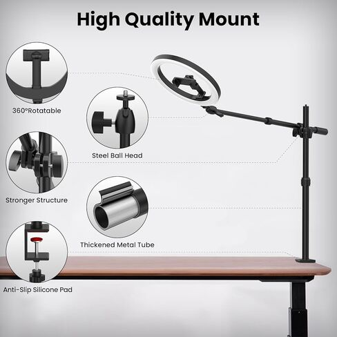 LUXSURE Ring Light للمكتب مع حامل وحامل هاتف، حامل كاميرا علوي LED مقاس 10 بوصات، حامل هاتف علوي مع ضوء، حامل ثلاثي iPhone مع ضوء لتسجيل الفيديو والكمبيوتر المحمول والبث المباشر in Kuwait