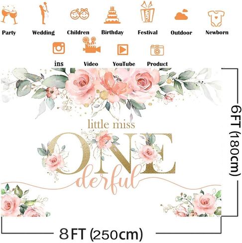 Avezano Miss Onederful عيد ميلاد خلفية وردية زهرية لعيد الميلاد الأول خلفية حلوة طفلة أول عيد ميلاد حفلة تزيين راية (10x7ft) in Kuwait