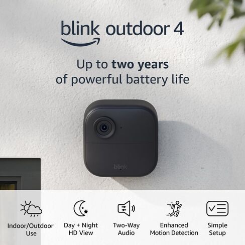 Blink Outdoor 4 + Blink Mini 2 - كاميرات أمنية ذكية، محادثة ثنائية الاتجاه، عرض مباشر عالي الدقة، كشف الحركة، يتم إعداده في دقائق، يعمل مع Alexa - 3 نظام كاميرات + Mini 2 (أسود) in Saudi Arabia