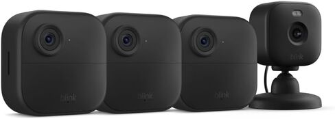 Blink Outdoor 4 + Blink Mini 2 - كاميرات أمنية ذكية، محادثة ثنائية الاتجاه، عرض مباشر عالي الدقة، كشف الحركة، يتم إعداده في دقائق، يعمل مع Alexa - 3 نظام كاميرات + Mini 2 (أسود) in Saudi Arabia