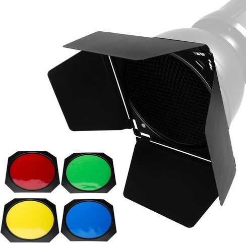 Godox BD-04 Barn Door and Honeycomb Grid and 4 Color Gel Filters (Red Yellow Blue Green) Compatible for Standard Reflector in Saudi Arabia