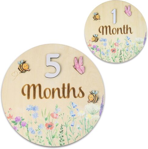 Baby Monthly Milestone Cards - Wooden Monthly Milestone Discs - Newborn Photography Props to Document Your Baby´s Growth - Baby Announcement Sign (AA Flower) in Kuwait