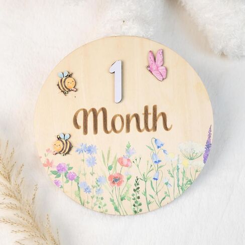 Baby Monthly Milestone Cards - Wooden Monthly Milestone Discs - Newborn Photography Props to Document Your Baby´s Growth - Baby Announcement Sign (AA Flower) in Kuwait