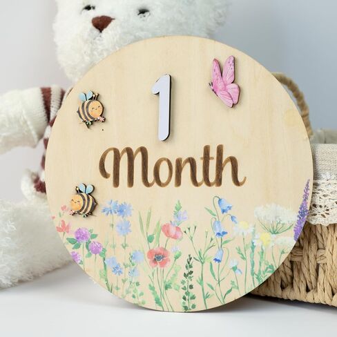 Baby Monthly Milestone Cards - Wooden Monthly Milestone Discs - Newborn Photography Props to Document Your Baby´s Growth - Baby Announcement Sign (AA Flower) in Kuwait