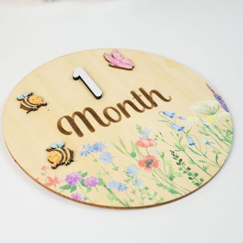 Baby Monthly Milestone Cards - Wooden Monthly Milestone Discs - Newborn Photography Props to Document Your Baby´s Growth - Baby Announcement Sign (AA Flower) in Kuwait