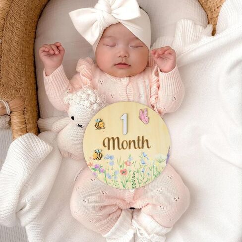 Baby Monthly Milestone Cards - Wooden Monthly Milestone Discs - Newborn Photography Props to Document Your Baby´s Growth - Baby Announcement Sign (AA Flower) in Kuwait