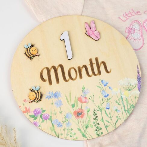 Baby Monthly Milestone Cards - Wooden Monthly Milestone Discs - Newborn Photography Props to Document Your Baby´s Growth - Baby Announcement Sign (AA Flower) in Kuwait