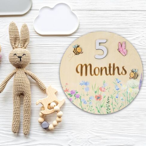 Baby Monthly Milestone Cards - Wooden Monthly Milestone Discs - Newborn Photography Props to Document Your Baby´s Growth - Baby Announcement Sign (AA Flower) in Kuwait