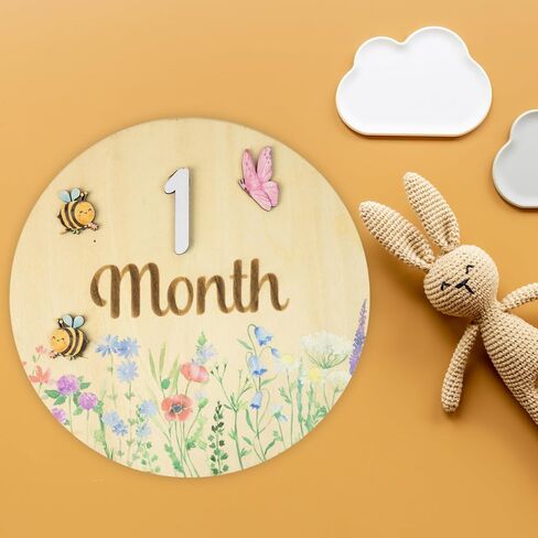 Baby Monthly Milestone Cards - Wooden Monthly Milestone Discs - Newborn Photography Props to Document Your Baby´s Growth - Baby Announcement Sign (AA Flower) in Kuwait