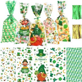 JULBEAR Christmas Cellophane Bags, 180Pcs Christmas Treat Bags Candy Goodies Bags with 200Pcs Twist Ties for Kids Christmas Party Favor Supplies (6 Styles)