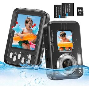 4K Waterproof Camera Underwater Camera Snorkeling 11FT with 64GB Card Dual Screens Selfie 48MP Autofocus 16X Zoom Compact Digital Camera Waterproof with 2 Batteries (Black)