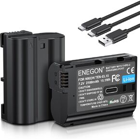 ENEGON EN-EL15/EL15a/b/c USB C Direct Charging Replacement Batteries 2100mAh (2-Pack) with 2 in 1 USB-C Charging Cable for Nikon D7000，D7100, D7200, D7500, D750, D850, D810, D800, D600, Z5, Z6, Z7