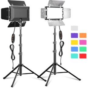 2 Pack LED Video Photography Lighting Kit with 54'' Tripod Stand, Dimmable 5600K USB Studio Lights with Barndoor -9 Color Lighting for Video Recording, Photo Studios, YouTube, TikTok, Game Streaming