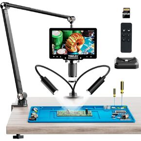 TOMLOV 2024 مجهر رقمي DM501S 2K جديد بذراع مرن، مجهر لحام 7 بوصات 2000X، مجهر عملة HDMI بدقة 48 ميجابكسل مع ضوء، مجهر رقمي مرن LCD للإصلاح الإلكتروني مع مستقطب، 64 جيجابايت in Kuwait