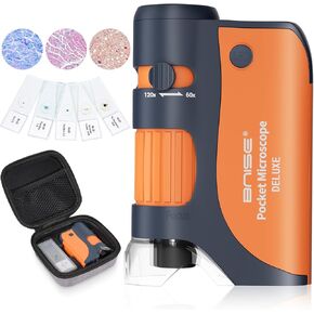 BNISE Pocket Microscope, Portable Mini Microscope Kids 60X-120X, Handheld Microscope with 5 Microscope Slides and Carrying Case for Microbiological Observation Lab Study Educational