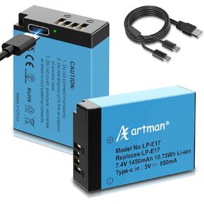 Artman 2-Pack LP-E17 Battery 1450mAh with Type-C Direct Charging Port for Canon EOS R50 RP R10 R8,Rebel T6i,T7i,T8i, T6s, SL2, SL3, EOS M3, M5, M6, EOS 200D, 77D, 750D, 760D, 800D, 8000D,Camera