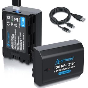 Artman 2-Pack NP-FZ100 Battery 2500mAh with Type-C Charging for Sony FX3, FX30, A7 III, A7S III,A7 IV, A7R III, A7C, A9, A6600, A6700, ZV-E1, A7R IV, A7R V, A7R3, A7R4, A9 II A9 III, A9R, A9S, Camera