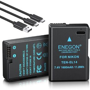 ENEGON EN-EL14 USB C Direct Charging Replacement Batteries 1600mAh (2-Pack) with 2 in 1 USB-C Charging Cable for Nikon D5600, D5100, D5200, D5300, D5500, D3200, D3400, D3500, Coolpix P7100, P7200