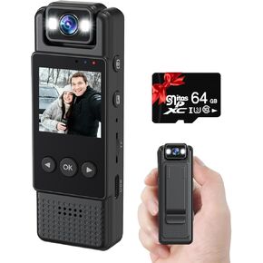 Body Camera with Audio and Video Recording 1080P 64G Small Wearable Body Cam with 1.3"LCD Screen, 180° Rotating Len, Night Vision for Personal Civilians Police Law Enforcement