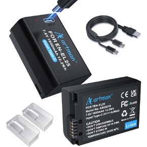Artman 2-Pack EN-EL25 EN-EL25A Battery 1600mAh with USB-C Fast Two-Ended Charging Cable Compatible with Nikon Z30 Z50 ZFC Camera,4241 EN-EL25a Battery MH-32 Charger