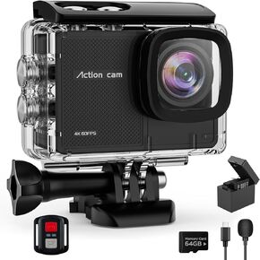 4K Action Camara Waterproof with 64G Crad- 60FPS 48MP HD WIFI Camera with EIS 40M Underwater Camera 170°Wide Angle Sports Camera with 2.4G Remote Control 2 Batteries Helmet Mount Accessories Kits