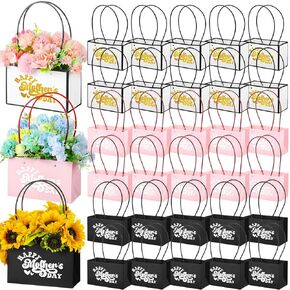 Geelin 30 Pcs Flower Gift Bags Paper Bouquet Bags Rectangle Flower Box for Arrangements Waterproof Bouquet Box with Handles Florist Supplies for Mothers Day Wedding(Black, Pink, White, Classic,