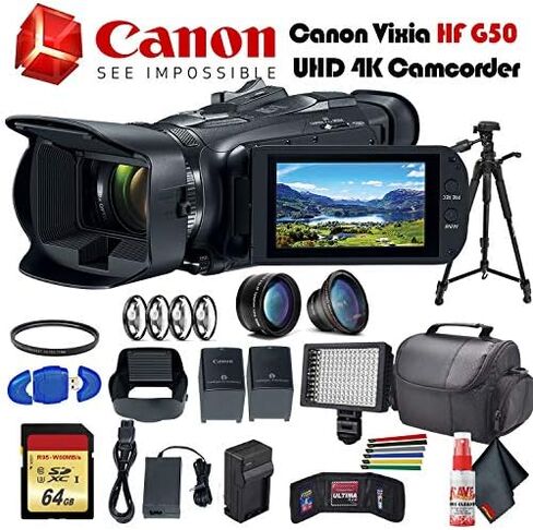 كاميرا فيديو Canon Vixia HF G50 UHD 4K (أسود) (3667C002) مع بطارية إضافية، وفلتر للأشعة فوق البنفسجية، وديوبتر قريبة، وعدسة زاوية واسعة، وحامل ثلاثي القوائم، وحقيبة، وإضاءة LED، وبطاقة ذاكرة سعة 64 جيجابايت + المزيد - حزمة متقدمة (متجددة) in Kuwait