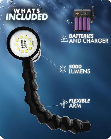 مصباح Movo LED-WP5K-II فائق السطوع مقاوم للماء للصور والفيديو تحت الماء - ضوء LED تحت الماء 5000 لومن مع ذراع تمديد - ضوء كاميرا للغوص والغطس in Saudi Arabia