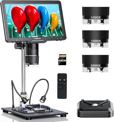 TOMLOV TriL110 10.1 بوصة 3 عدسات 2K HDMI مجهر رقمي 2500X، مكبر مجهر للعملات المعدنية بالكامل مع شاشة IPS، مجهر لحام LCD للبالغين، 14 مصباح LED، متوافق مع الكمبيوتر/التلفزيون، 64 جيجابايت in Kuwait