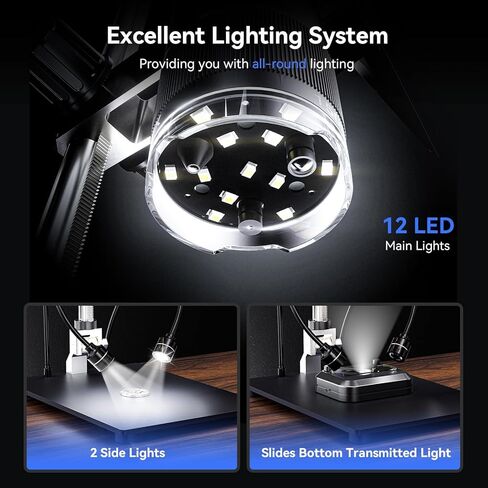 TOMLOV TriL110 10.1 بوصة 3 عدسات 2K HDMI مجهر رقمي 2500X، مكبر مجهر للعملات المعدنية بالكامل مع شاشة IPS، مجهر لحام LCD للبالغين، 14 مصباح LED، متوافق مع الكمبيوتر/التلفزيون، 64 جيجابايت in Kuwait