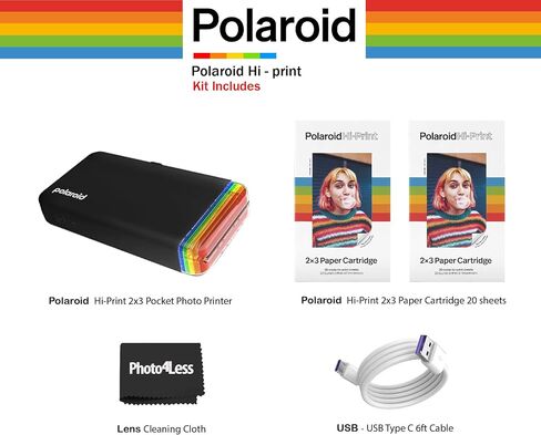 Polaroid Hi-Print - طابعة صباغة صور جيب 2x3 متصلة بالبلوتوث من الجيل الثاني - حزمة سوداء (9129) مع ورقتين عاليتي الطباعة 2x3 - (40 صورة)، USB - كابل USB من النوع C بطول 6 أقدام، والمزيد in Saudi Arabia