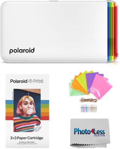 Polaroid Hi-Print - 2nd Generation Bluetooth Connected 2x3 Pocket Photo Dye-Sub Printer - White (9128) Bundle with Hi-Print 2x3 Paper - 20 Photos (6355), Hanging Photo Frames, and More in Kuwait