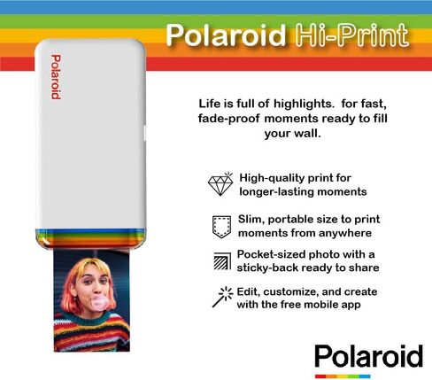 Polaroid Hi-Print - 2nd Generation Bluetooth Connected 2x3 Pocket Photo Dye-Sub Printer - White (9128) Bundle with Hi-Print 2x3 Paper - 20 Photos (6355), Hanging Photo Frames, and More in Kuwait