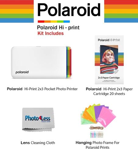 Polaroid Hi-Print - 2nd Generation Bluetooth Connected 2x3 Pocket Photo Dye-Sub Printer - White (9128) Bundle with Hi-Print 2x3 Paper - 20 Photos (6355), Hanging Photo Frames, and More in Kuwait