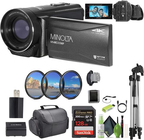 Minolta MN4K300WP 4K Ultra HD / 56 MP Waterproof Video Camcorder (Black) Bundle with 128GB Memory Card + Camera Tripod + More Accessories in Saudi Arabia