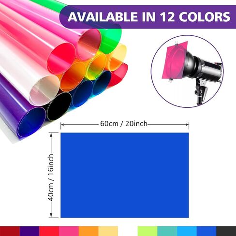 12 Pcs Correction Gel Light Filter 16x20'' Lighting Gels Diffuser 12 Colors Overlays Transparent Plastic Sheets Film for Landscape Led Light, Photography, Video, Photo, Stage in Saudi Arabia