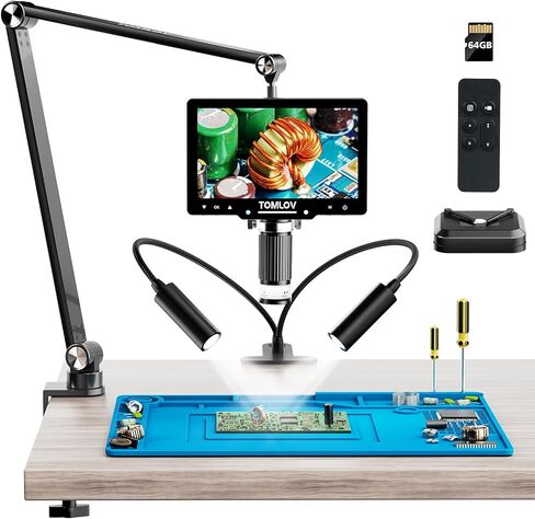 TOMLOV 2024 مجهر رقمي DM501S 2K جديد بذراع مرن، مجهر لحام 7 بوصات 2000X، مجهر عملة HDMI بدقة 48 ميجابكسل مع ضوء، مجهر رقمي مرن LCD للإصلاح الإلكتروني مع مستقطب، 64 جيجابايت in Kuwait
