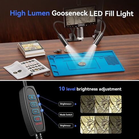 TOMLOV 2024 مجهر رقمي DM501S 2K جديد بذراع مرن، مجهر لحام 7 بوصات 2000X، مجهر عملة HDMI بدقة 48 ميجابكسل مع ضوء، مجهر رقمي مرن LCD للإصلاح الإلكتروني مع مستقطب، 64 جيجابايت in Kuwait