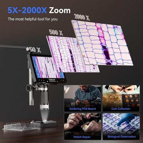 TOMLOV 2024 مجهر رقمي DM501S 2K جديد بذراع مرن، مجهر لحام 7 بوصات 2000X، مجهر عملة HDMI بدقة 48 ميجابكسل مع ضوء، مجهر رقمي مرن LCD للإصلاح الإلكتروني مع مستقطب، 64 جيجابايت in Kuwait