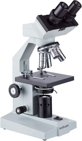 AmScope B100 Compound Binocular Microscope, 40X-1000X Magnification, Brightfield, Tungsten Illumination, Abbe Condenser, Plain Stage in Saudi Arabia