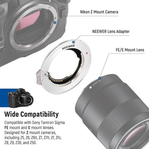 NEEWER FE/E Mount Lens to Z Mount Camera Auto Focus Converter مع تحديث البرامج الثابتة المتوافقة مع Tamron Sony Sigma FE/E Lens Nikon Z Mount Camera، غير متوافق مع عدسات Zeiss Batis، NW-ETZ Pro in Saudi Arabia