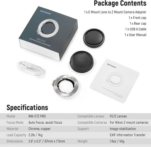 NEEWER FE/E Mount Lens to Z Mount Camera Auto Focus Converter مع تحديث البرامج الثابتة المتوافقة مع Tamron Sony Sigma FE/E Lens Nikon Z Mount Camera، غير متوافق مع عدسات Zeiss Batis، NW-ETZ Pro in Saudi Arabia