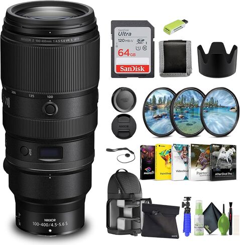 Nikon - عدسة NIKKOR Z مقاس 100-400 مم وببؤرة f/4.5-5.6 VR S عدسة مقربة فائقة لسلسلة Z (20106) + بطاقة ذاكرة سعة 64 جيجابايت + مجموعة مرشح + حقيبة ظهر + قارئ بطاقات + برنامج Corel للصور + حامل ثلاثي القوائم مرن + المزيد in Saudi Arabia