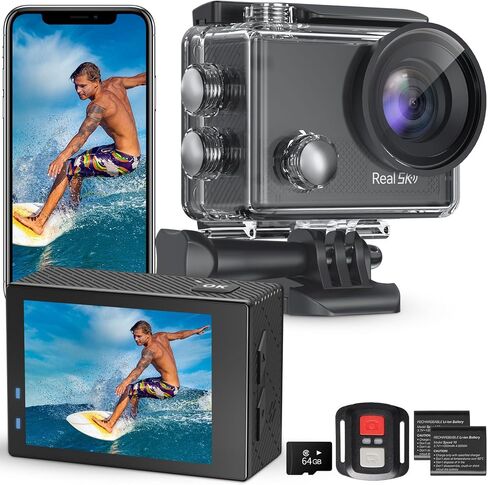 Action Camera 5K 30FPS Waterproof Camera Underwater 131 FT with EIS, Sports Camera 5X Zoom with 64GB SD Card, 2 Battery and Remote Control, Black in Saudi Arabia
